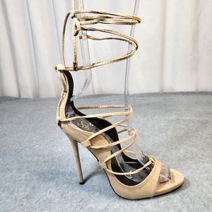 * So Me Nude Suede Open Toe Silhouette With Ankle Wrap Design With Tie Closure
